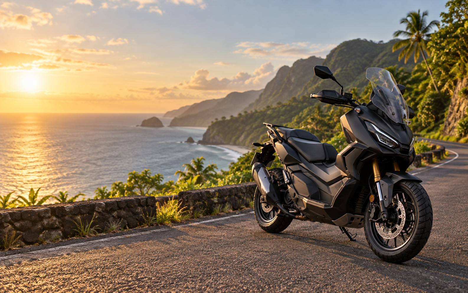 Motorbike parked beside a scenic coastal road